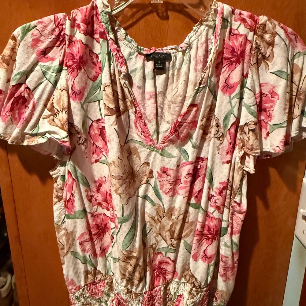 Ann Taylor Factory Floral Blouse in Pink and Cream